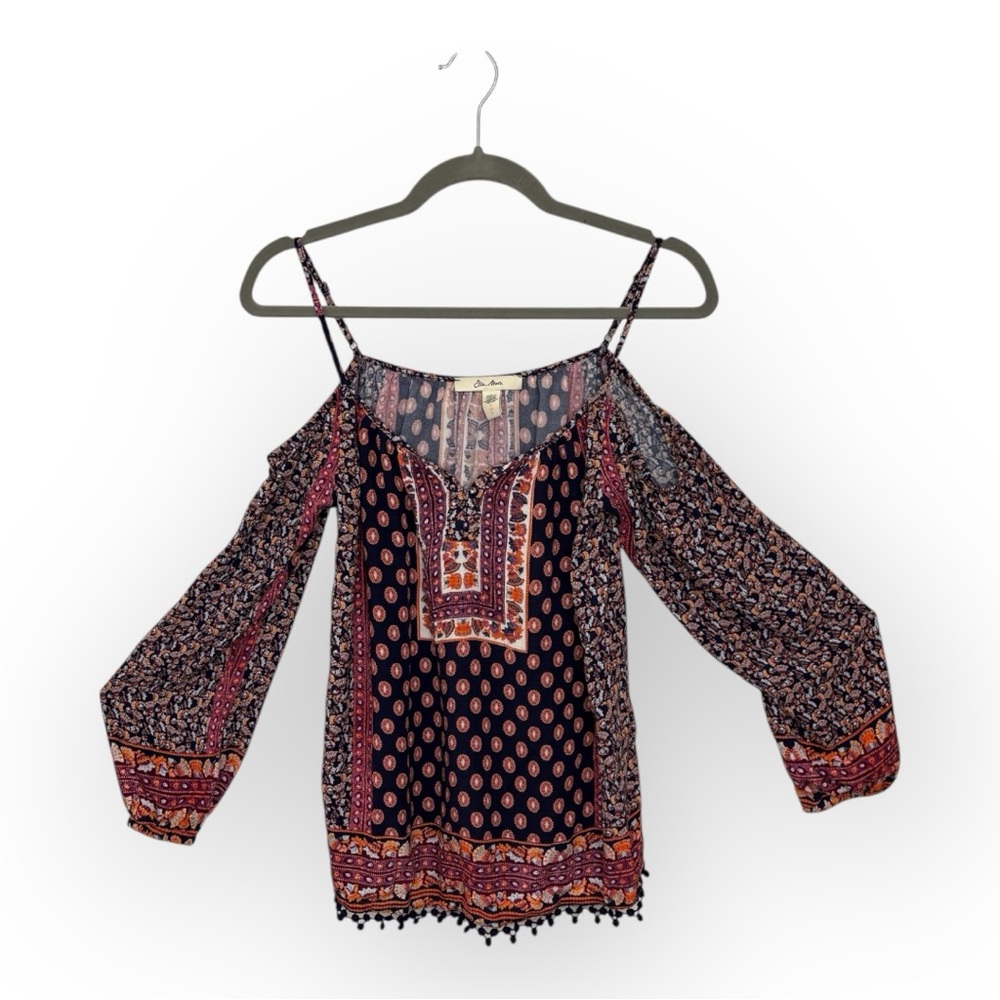 Ella Moon Navy Boho Peasant Blouse Embroidered Printed Long Sleeve Small